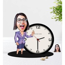 BK Gift Kişiye Özel Bayan Öğretmen Karikatürlü Ahşap Masaüstü Biblo Saat-1