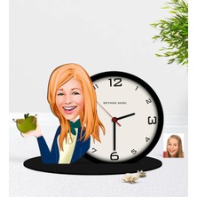 BK Gift Kişiye Özel Bayan Sınıf Öğretmeni Karikatürlü Ahşap Masaüstü Biblo Saat-1