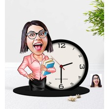 BK Gift Kişiye Özel Bayan Öğretmen Karikatürlü Ahşap Masaüstü Biblo Saat-5