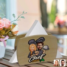 BK Gift Kişiye Özel Kadın ve Erkek Chef Karikatürlü Lüks Ahşap Peçetelik-1