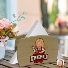 BK Gift Kişiye Özel Kadın Barbekü Chef Karikatürlü Lüks Ahşap Peçetelik-1