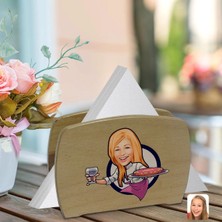 BK Gift Kişiye Özel Kadın Chef Karikatürlü Lüks Ahşap Peçetelik-13