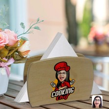 BK Gift Kişiye Özel Kadın Chef Karikatürlü Lüks Ahşap Peçetelik-11