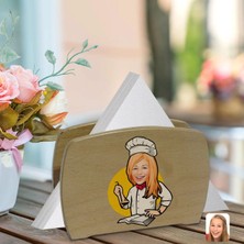 BK Gift Kişiye Özel Kadın Chef Karikatürlü Lüks Ahşap Peçetelik-12