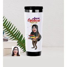 BK Gift Kişiye Özel Tesettürlü Bayan Öğretmen Karikatürlü Çelik Termos Bardak - 2