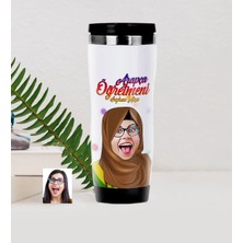 BK Gift Kişiye Özel Tesettürlü Bayan Öğretmen Karikatürlü Çelik Termos Bardak - 3