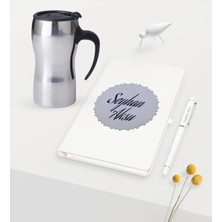 BK Gift Kişiye Özel Kabartma Plakalı Beyaz Defter Kalem Silver Termos Mug Seti