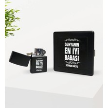 BK Gift Kişiye Özel Dünyanın En Iyi Babası Tasarımlı Siyah Metal Sigara Tabakası ve Benzinli Çakmak Seti-6