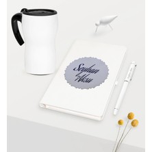 BK Gift Kişiye Özel Kabartma Plakalı Beyaz Defter Kalem Beyaz Termos Mug Seti