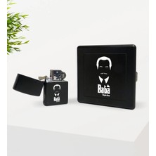 BK Gift Kişiye Özel Baba Godfather Tasarımlı Siyah Metal Sigara Tabakası ve Benzinli Çakmak Seti-12