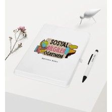BK Gift Kişiye Özel Sosyal Bilgiler Öğretmeni Temalı Beyaz Defter Kalem Hediye Seti - 3
