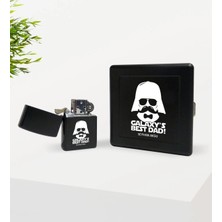 BK Gift Kişiye Özel Galaksinin En Iyi Babası Tasarımlı Siyah Metal Sigara Tabakası ve Benzinli Çakmak Seti-1