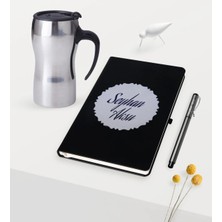 BK Gift Kişiye Özel Kabartma Plakalı Siyah Defter Kalem Silver Termos Mug Seti