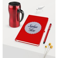 BK Gift Kişiye Özel Kabartma Plakalı Kırmızı Defter Kalem Kırmızı Termos Mug Seti