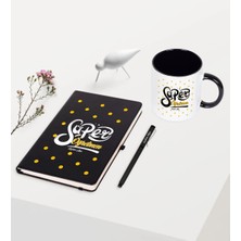 BK Gift Kişiye Özel Süper Öğretmen Temalı Siyah Defter Kalem Kupa Seti - 1