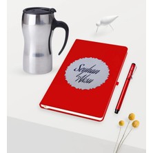 BK Gift Kişiye Özel Kabartma Plakalı Kırmızı Defter Kalem Silver Termos Mug Seti