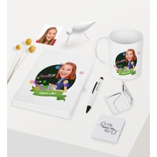 BK Gift Kişiye Özel Bayan Öğretmen Temalı Karikatürlü Beyaz Defter Kalem Kupa Ayna Seti - 6