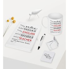 BK Gift Kişiye Özel Ingilizce Öğretmeni Temalı Beyaz Defter Kalem Kupa Ayna Seti - 7