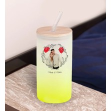Bk Gift Isimli Fotoğraflı Sarı Renk Pipetli Buzlu Cam Bardak 600ML - 2, Arkadaşa Hediye, Doğum Günü Hediyesi