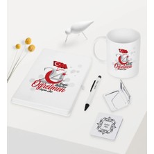 BK Gift Kişiye Özel Bugün Günlerden Öğretmen Temalı Beyaz Defter Kalem Kupa Ayna Seti - 2