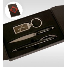 BK Gift Kişiye Özel 310 Siyah Kalem Anahtarlık Zarf Açacağı Set
