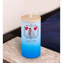 Bk Gift Isimli Fotoğraflı Mavi Renk Pipetli Buzlu Cam Bardak 600ML - 1, Arkadaşa Hediye, Doğum Günü Hediyesi