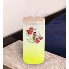 Bk Gift Isimli Fotoğraflı Sarı Renk Pipetli Buzlu Cam Bardak 600ML - 3, Arkadaşa Hediye, Doğum Günü Hediyesi