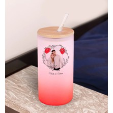 Bk Gift Isimli Fotoğraflı Kırmızı Renk Pipetli Buzlu Cam Bardak 600ML - 2, Arkadaşa Hediye, Doğum Günü Hediyesi