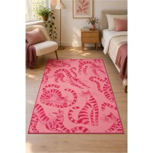 Rugs Modern Halı Dora Hayvan Çizgili Desenli Pudra, Kırmızı ve Kırık Beyaz Ince Dokuma Taban Salon Halısı OZL564