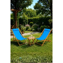 Tr Ahşap Katlanır Şezlong Set, 2 Şezlong ve 1 Sehpa, Mavi Minderli, Modern Stil, Balkon, Bahçe,