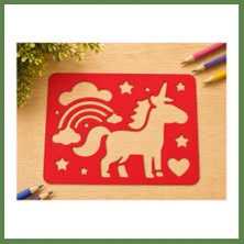 Bezos 3D Baskı Unicorn ve Gökkuşağı Çizim Şablonu - Desen Kalıbı - Kırmızı HB006