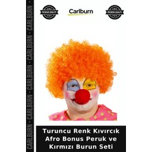 Carlburn Turuncu Renk Kıvırcık Afro Bonus Peruk ve Kırmızı Burun Seti Eğlence Peruğu