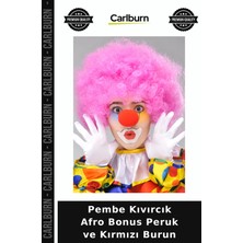 Carlburn Pembe Kıvırcık Afro Bonus Peruk ve Kırmızı Burun Oyun Aksesuarı Tiyatro Peruğu Doğum Günü Detayı
