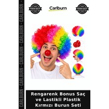 Carlburn Rengarenk Bonus Saç ve Lastikli Plastik Kırmızı Burun Seti Komik Parça Etkinlik Gereci Gösteri Ürünü