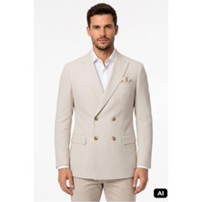 Bej Slim Fit Dar Kalıp Kırlangıç Yaka Çizgili Uzun Kollu Pamuklu Ceket