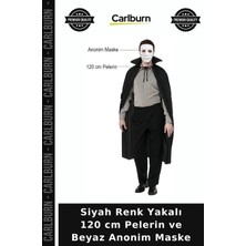 Carlburn Siyah Renk Yakalı 120 cm Pelerin ve Beyaz Anonim Maske Cosplay Ürünü Tarz Aksesuar Gizemli Set
