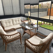 Tu Tienda Minimal Balkonlar Özel Kaş Galvaniz 2+1+1+Sehpa Bahçe Balkon Mobilyası,kahve Rattan/krem Kumaş