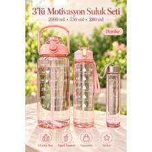 Madamev 3'lü Şeffaf Motivasyonel Su Matarası Antik Pembe 2000 ml 900 ml 500 ml Kapasiteli Set