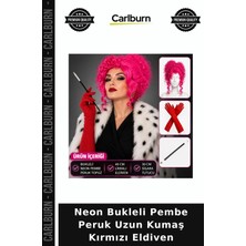 Carlburn Neon Bukleli Pembe Peruk Uzun Kumaş Kırmızı Eldiven Dans Aksesuarı Kombin Tamamı Gece Kıyafeti