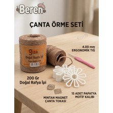 Beren Papatya Çanta Yapım Seti 15 Adet Plastik Kanvas Motif Kalıbı 200 gr Doğal Rafya Ip 4 mm Tığ ve Çanta Magneti