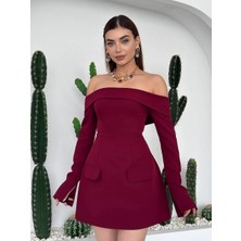 Miss Beyoğlu Karmen Yaka Cepli Mini Elbise - Uzun Kollu Kadın Elbise