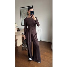 Miss Beyoğlu Msyo Ikili Takım - Uzun Kollu Bluz ve Bol Paça Pantolon - Taş Rengi