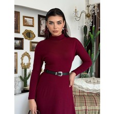 Miss Beyoğlu Triko Kemerli Balıkçı Yaka Elbise - Uzun Kollu Kadın Elbise