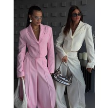 Miss Beyoğlu Crop Blazer Ceket ve Bol Paça Pantolon Takım - 3 Renk