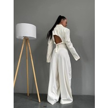 Miss Beyoğlu Crop Blazer Ceket ve Bol Paça Pantolon Takım - 3 Renk
