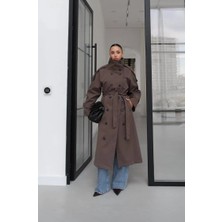 Miss Beyoğlu Yüksek Yaka Kruvaze Trençkot - Kahverengi Kadın Trench Coat