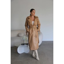 Miss Beyoğlu Kemerli Suni Deri Trençkot - Oversize Şık Kadın Trench Coat