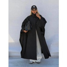 Miss Beyoğlu Yüksek Yaka Oversize Pelerin Kaban - Geniş Kollu Uzun Siyah Kadın Pelerin