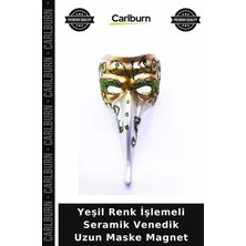 Carlburn Yeşil Renk Işlemeli Seramik Venedik Uzun Maske Magnet Duvar Süsü Hatıra Eşyası Hediyelik Eşya