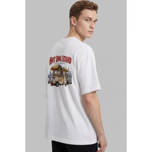 Black Nova Oversize Baskılı Unisex Tişört Hot Dog Stand Beyaz